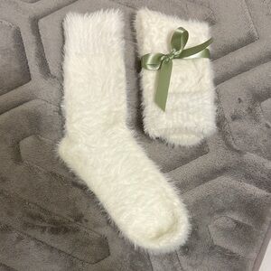 Angora Cozy White Fuzzy Socks with Green Ribbon